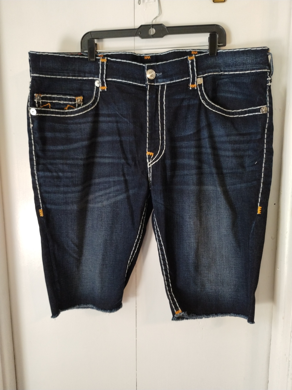 True Religion Dark Blue Denim Cutoff Shorts with Contrast Stitching